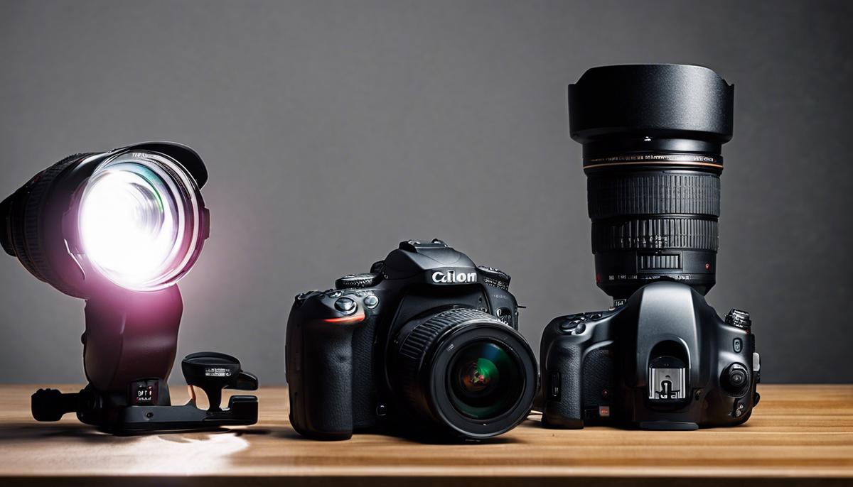 A DSLR camera with a 24-70mm lens and a portable speedlight on a table