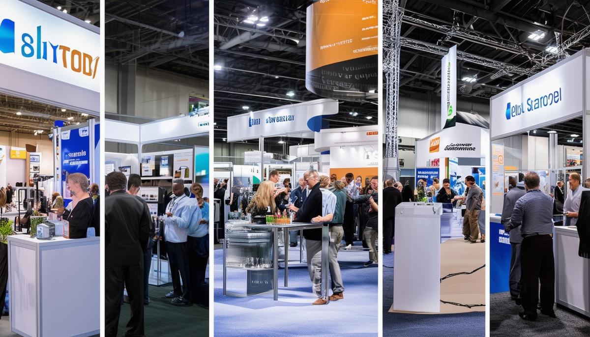 A collage of high-quality trade show photos showcasing product displays and networking