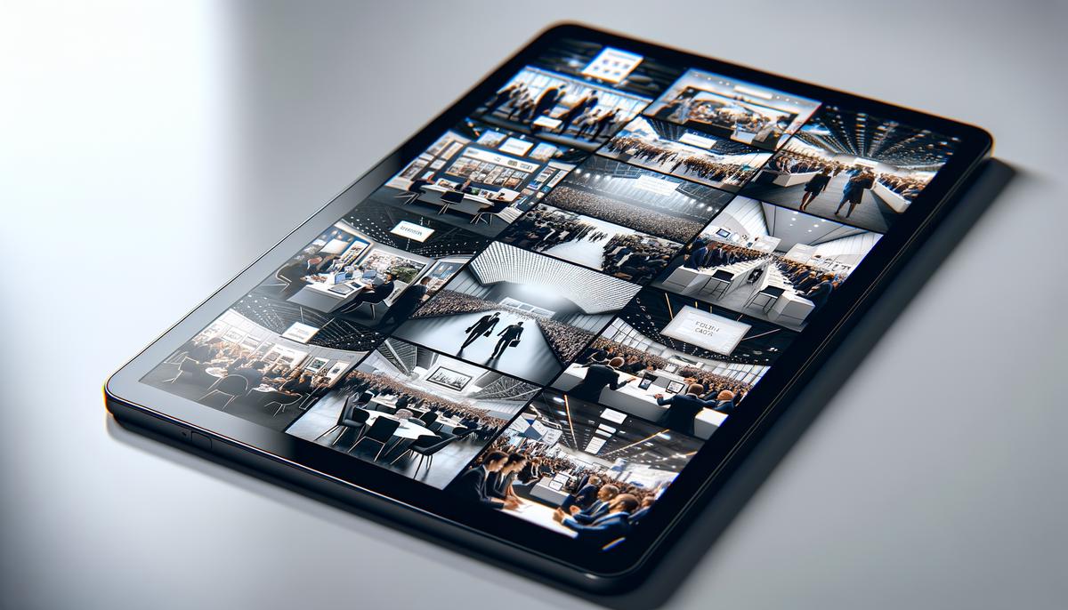 A digital tablet displaying a diverse portfolio of high-quality trade show photographs