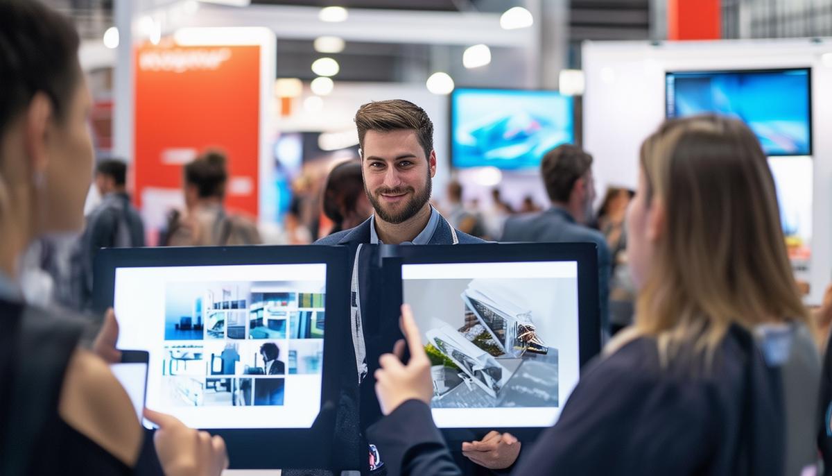 A marketing team using high-quality trade show photographs in various digital and print materials