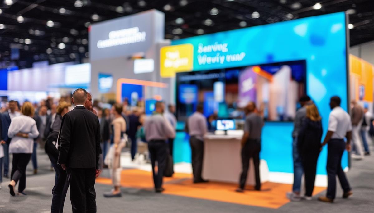 Vibrant, professional trade show photographs seamlessly integrated into an engaging digital marketing campaign, showcasing their power to capture attention and communicate brand narratives.