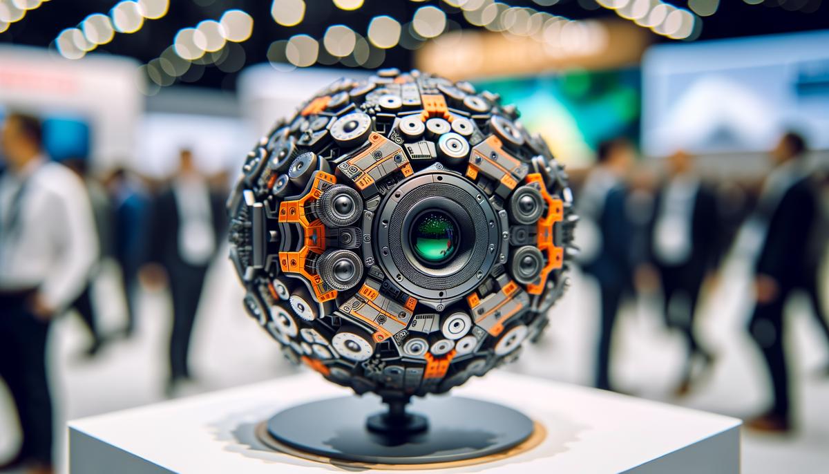 A close-up shot of an innovative product being showcased at a trade show booth