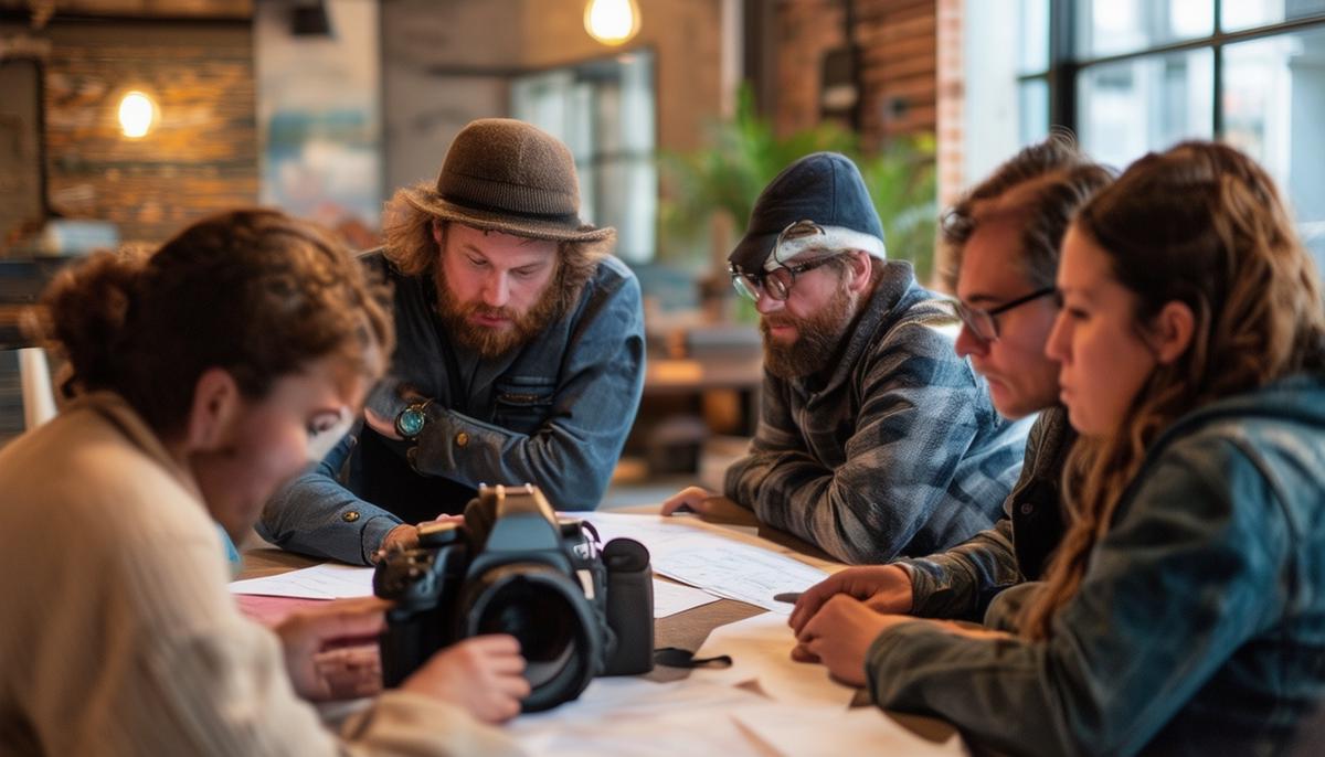 A group of photographers collaborating and planning projects at a weekly Tuesday gathering in Denver