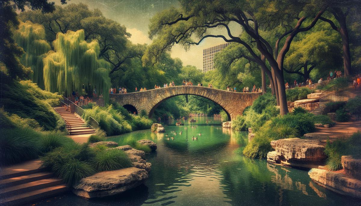 Stone bridge over Turtle Creek in Turtle Creek Park with lush greenery and walking paths