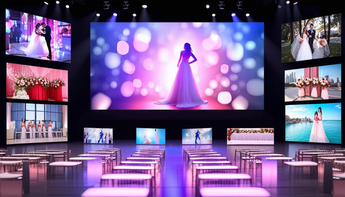A creative display showing different types of event videos, including highlight reels, full ceremonies, and promotional videos