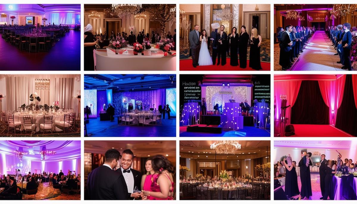 A collage showcasing the diverse types of events covered by Houston photographers, including corporate gatherings, sports events, charity galas, award ceremonies, community events, political events, and specialized ceremonies. The images depict key moments like speeches, red carpet arrivals, elegant decor, and creative elements specific to each event type.