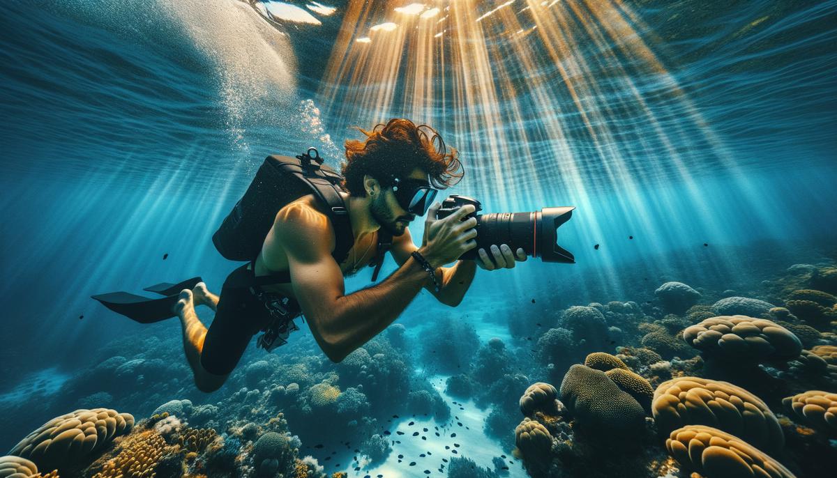 An underwater photographer adjusts their camera settings while submerged in the clear, blue waters of Miami, capturing the perfect shot of the marine life around them.