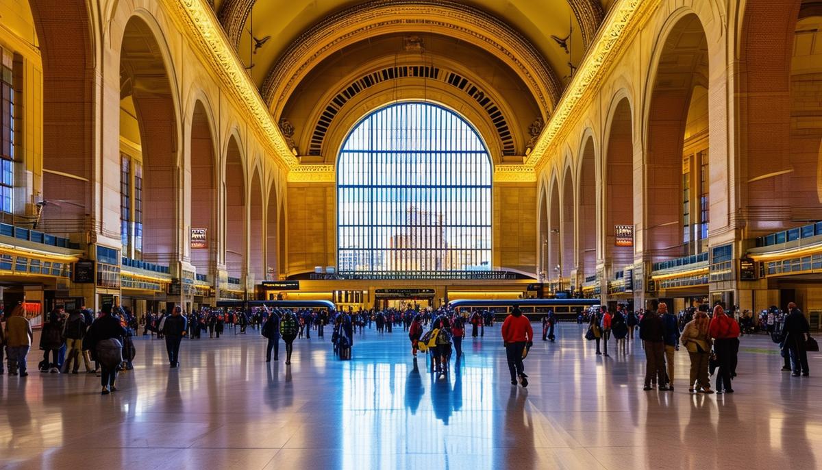 Interior of Denver's Union Station showing grand architecture with arched windows, high ceilings, and bustling travelers