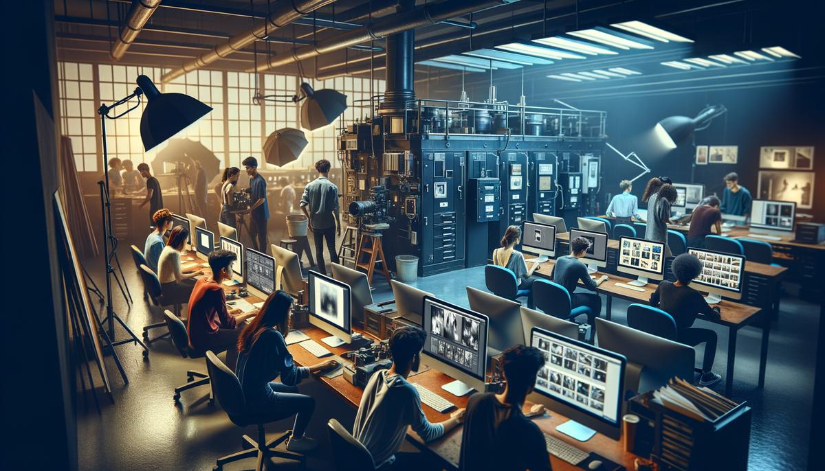 A well-equipped university photography studio with various equipment and workstations