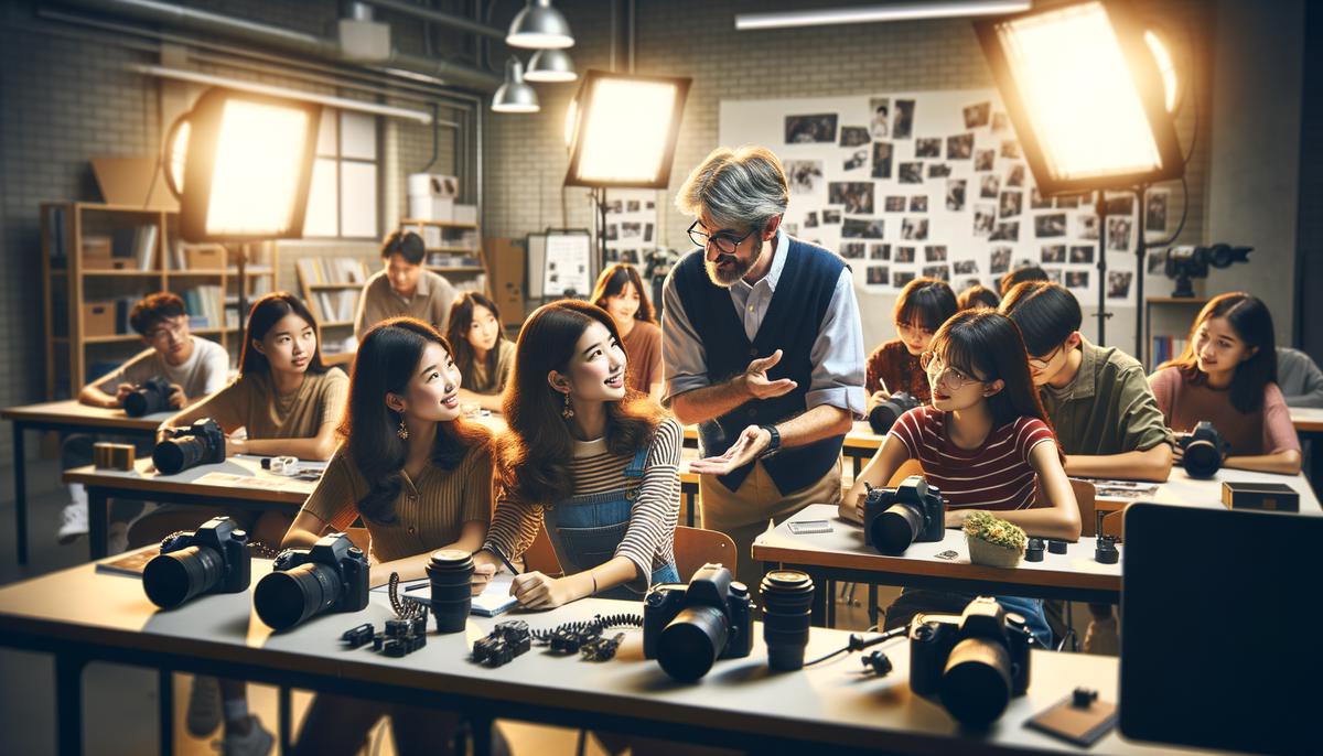 A well-equipped photography classroom at the University of Texas at San Antonio, with students learning from an experienced instructor.