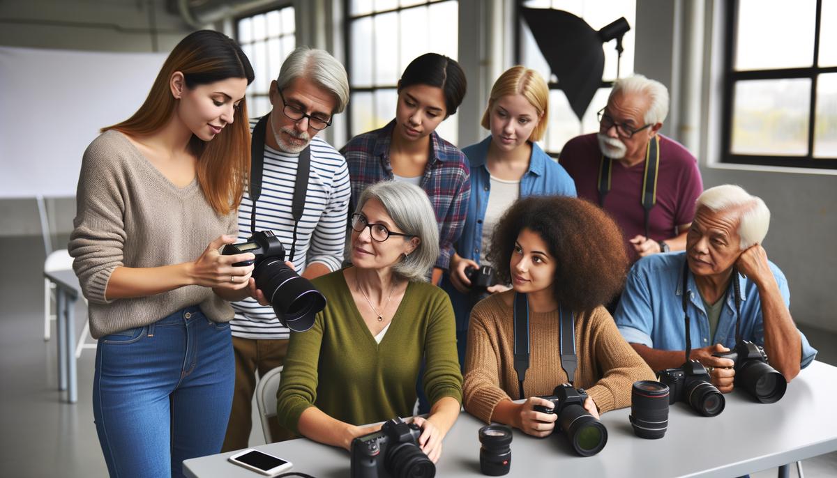 Valerie Santagto instructing a diverse group of students during a photography workshop
