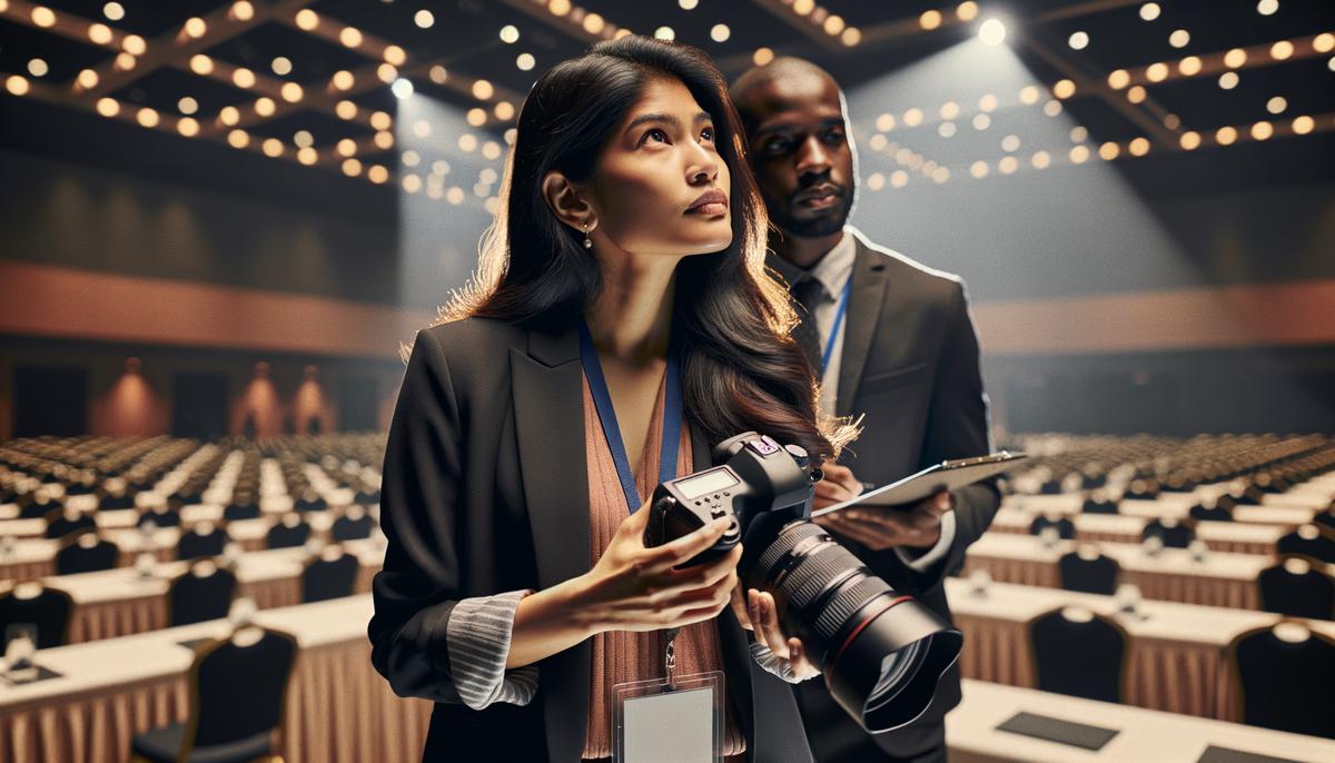A photographer scouting a corporate seminar venue, analyzing the lighting and layout for optimal photo opportunities.
