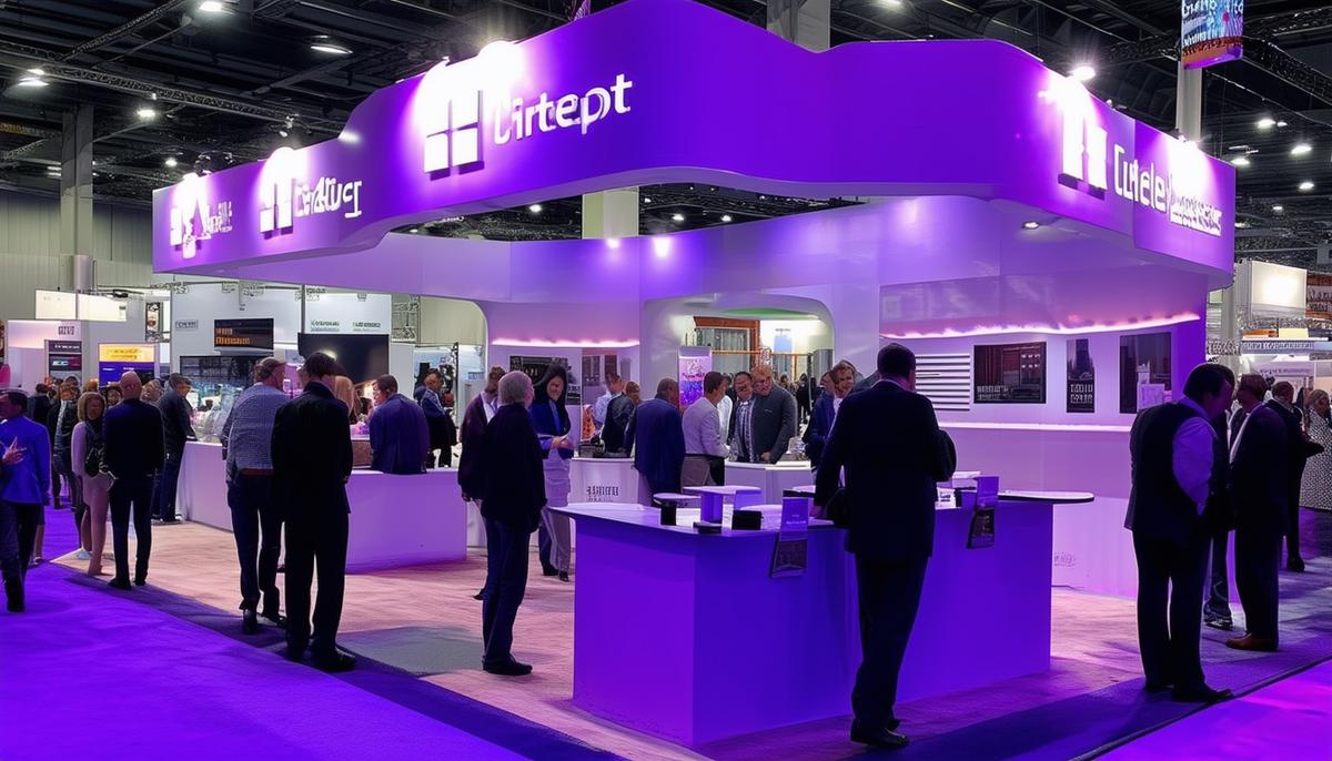 A striking trade show booth display with bold branding elements, professional lighting, and engaged attendees, demonstrating the impact of high-quality photography in showcasing a company's presence at the event.