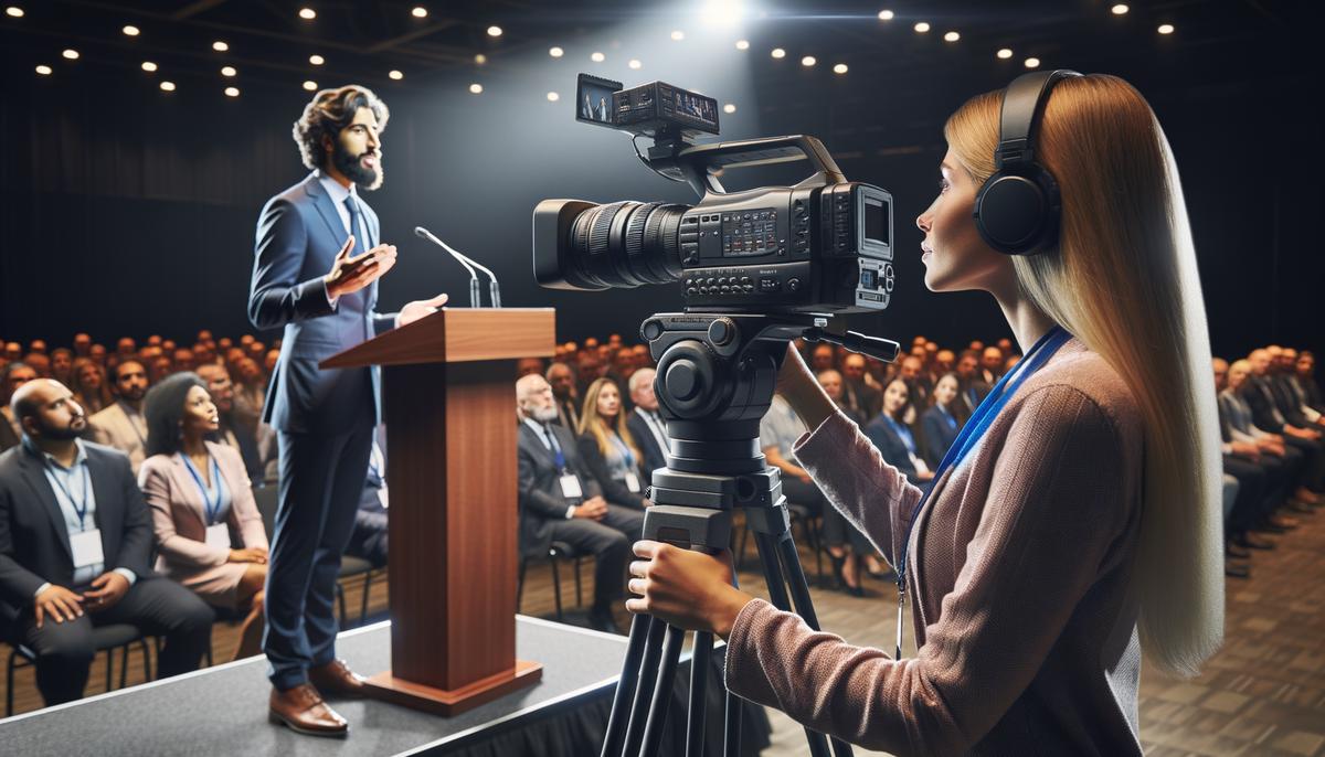 A videographer expertly framing a shot of a keynote speaker at a conference podium