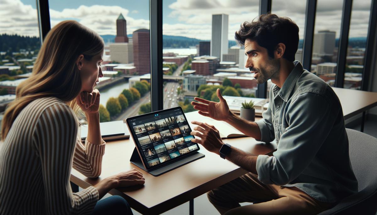 A client reviewing a videographer's diverse portfolio on a tablet, with the videographer explaining their work
