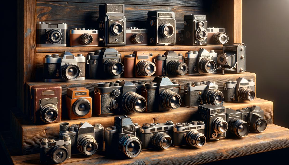 Display of vintage cameras representing the evolution of photography