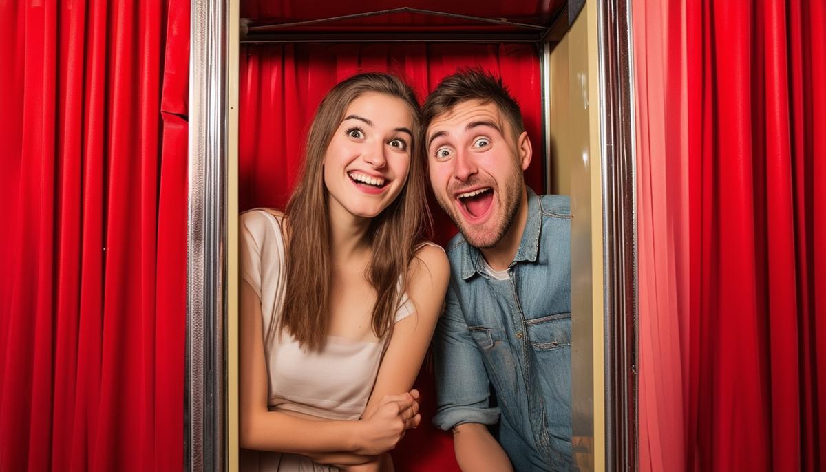 A young couple squeezed inside a vintage photo booth, waiting excitedly for their photo strip to print. The booth has a retro design with a compact interior and classic red curtain.