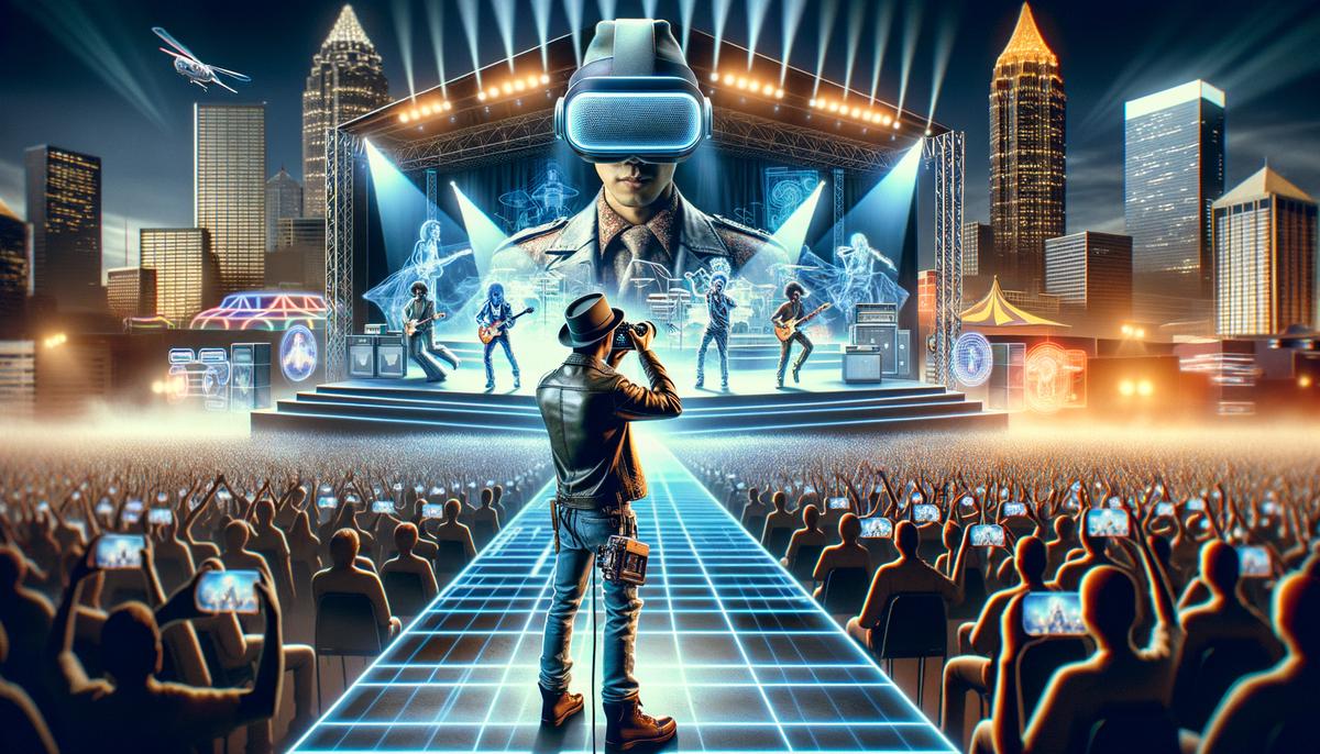 A concert photographer working with virtual reality equipment to capture a virtual concert experience