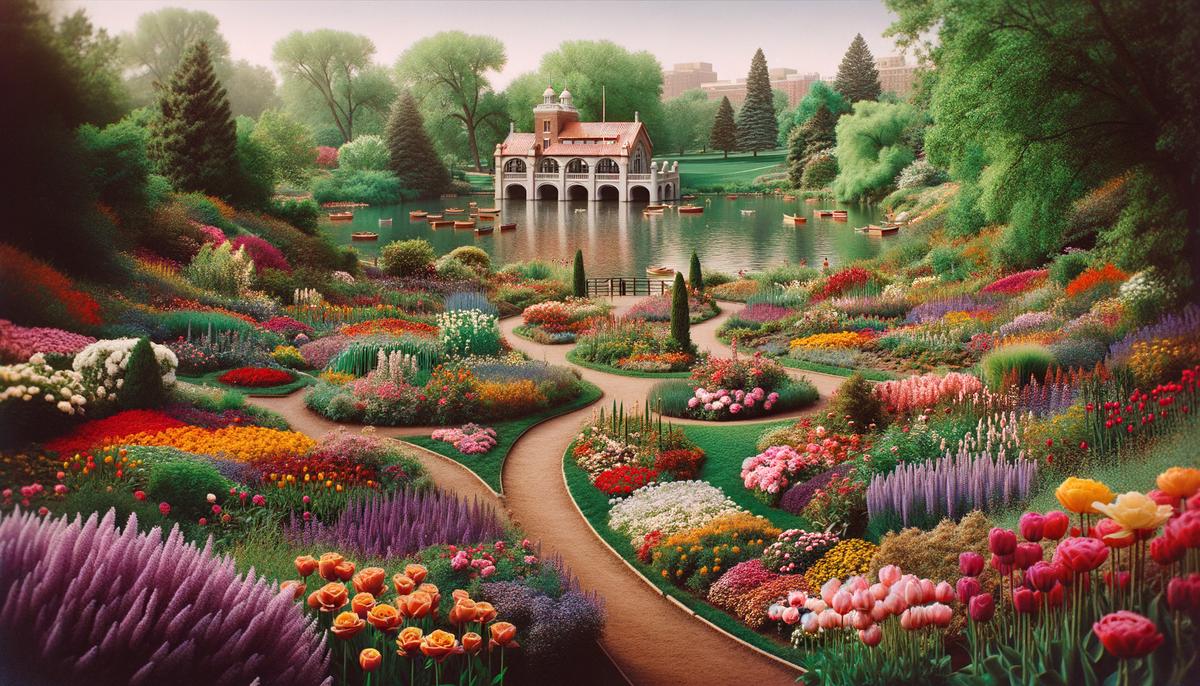 Colorful flower garden in Washington Park with the historic boathouse visible in the background