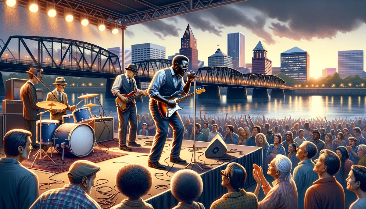 A lively performance at the Waterfront Blues Festival with a diverse crowd enjoying the music by the river