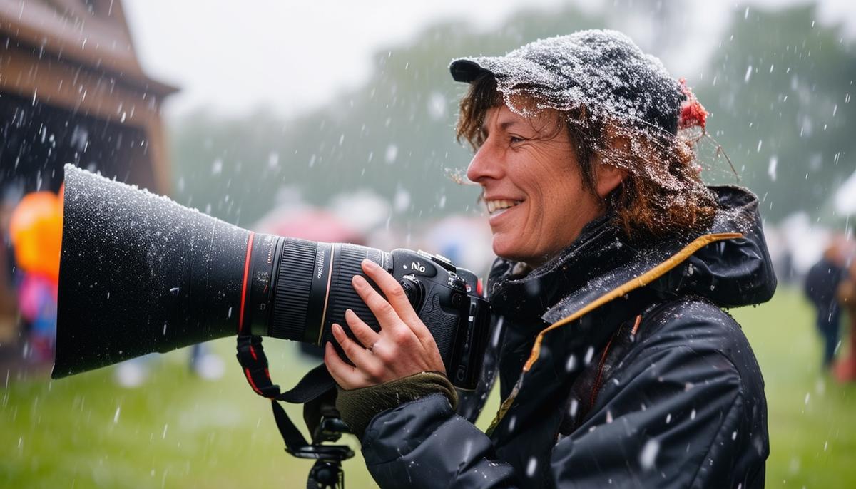 A photographer adapting to unexpected weather conditions at an outdoor event