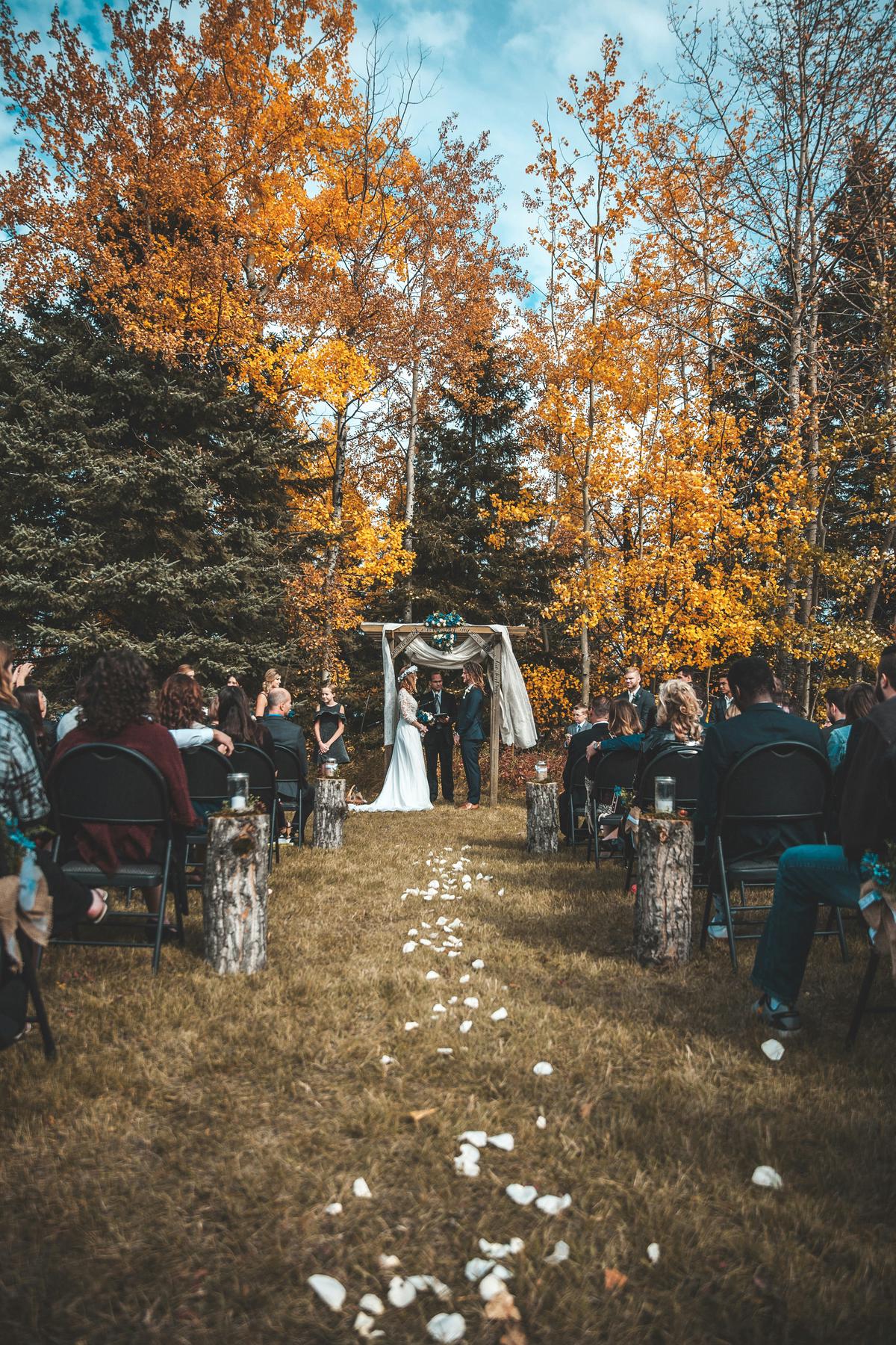 A beautiful outdoor wedding ceremony taking place in a scenic natural setting.