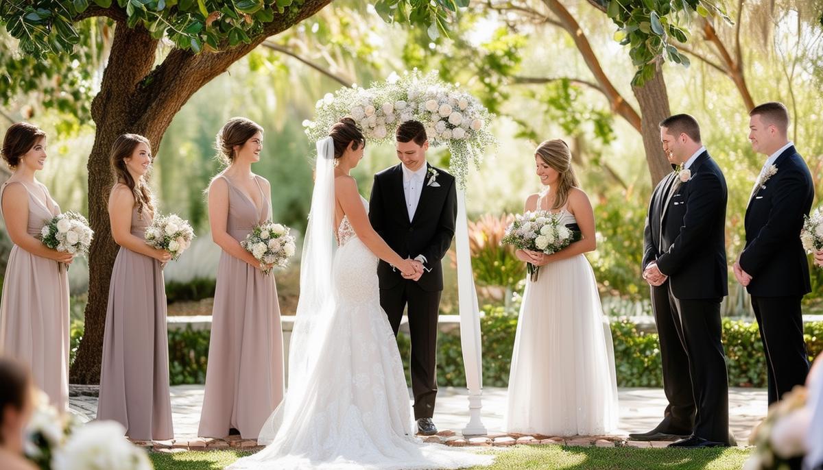 A series of key wedding moments including a first look, ceremony, and reception celebration