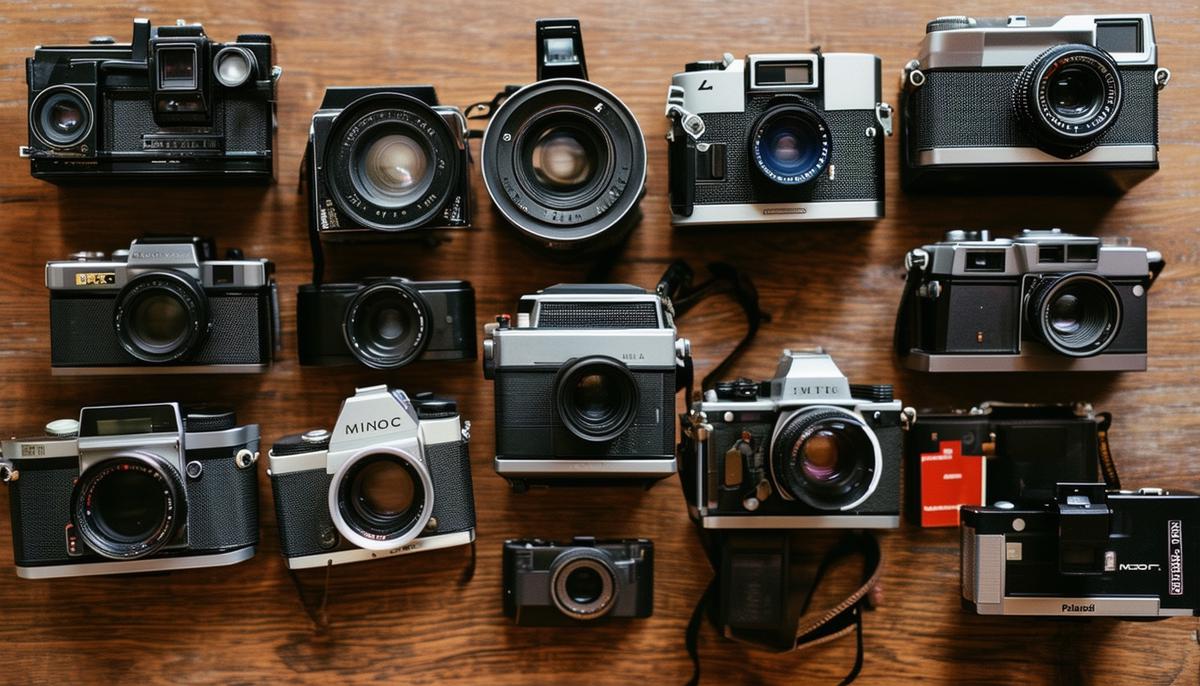 An array of film photography equipment used for weddings, including Polaroid, 35mm, and medium format cameras