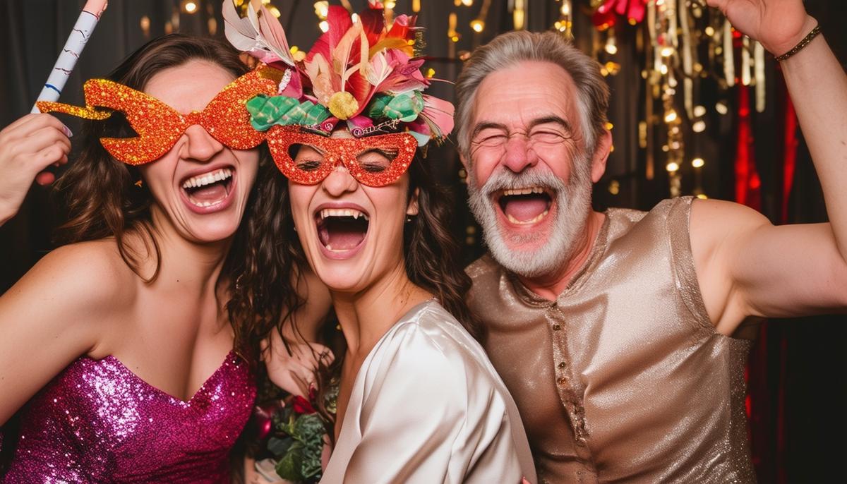 Wedding guests of diverse ages and backgrounds wearing festive props and cracking up with laughter as they pose together in a well-lit photo booth at a reception.