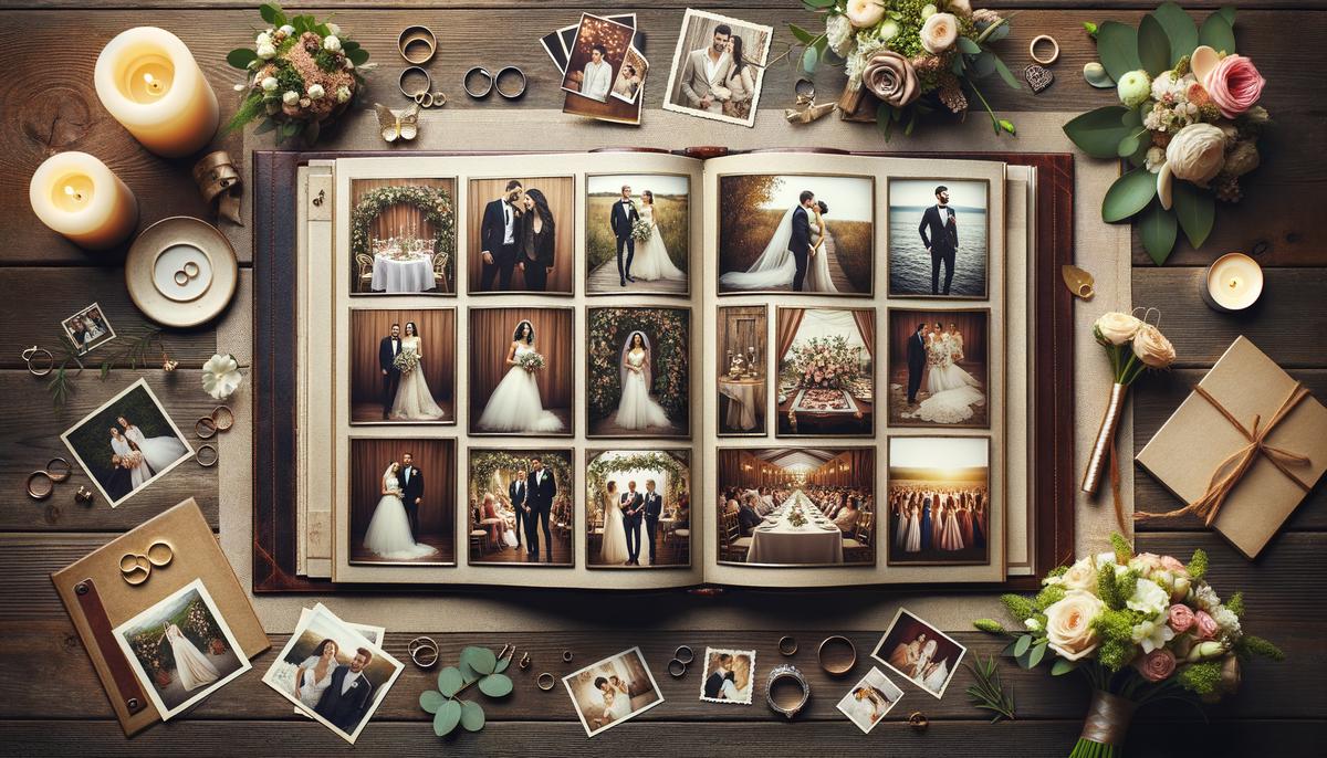Open wedding photo album displaying a collection of diverse and beautifully captured moments