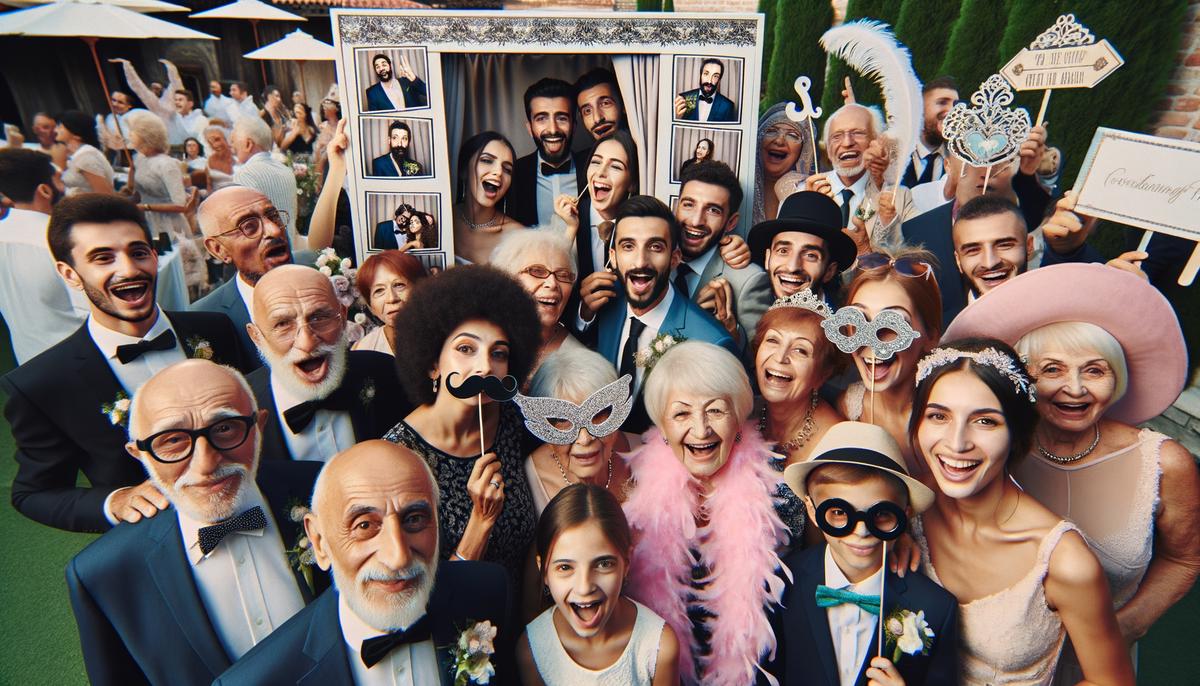 Wedding guests of all ages gathered around an open-air photo booth, some posing with themed props and others laughing at the printed photo strips. The photo booth blends seamlessly with the elegant wedding decor.