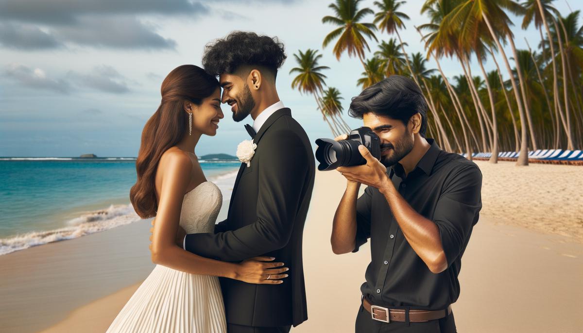 A wedding photographer capturing a candid moment between a diverse couple on a Palm Beach shore