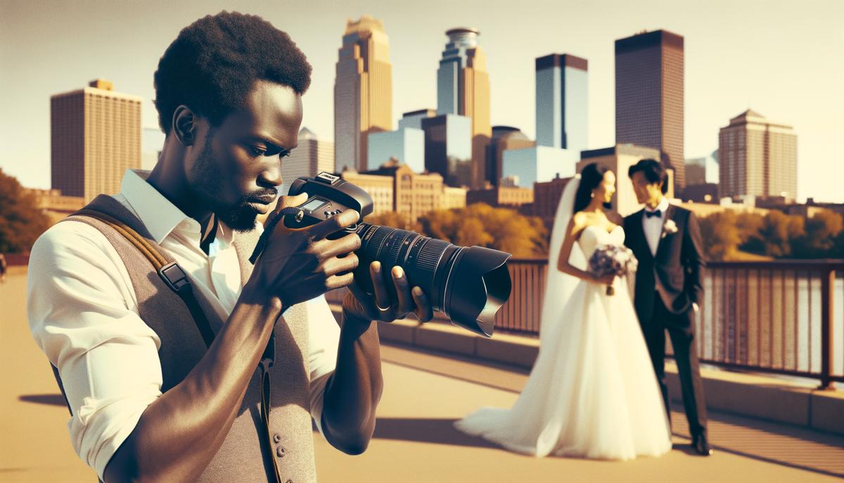 A wedding photographer adjusting camera settings while photographing a couple in Minneapolis
