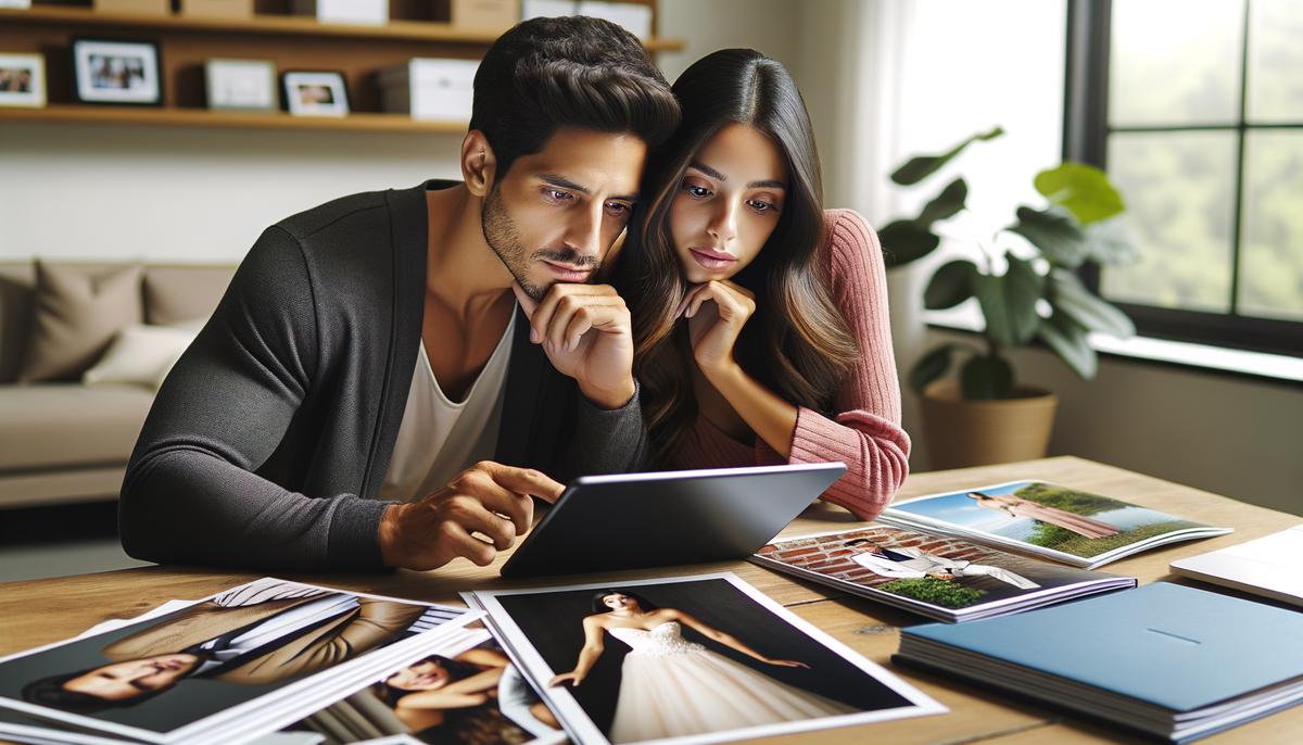 A couple reviewing a wedding photographer's portfolio on a tablet, surrounded by sample prints and albums