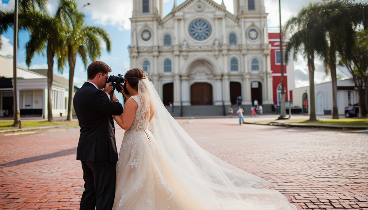A wedding photographer capturing a couple in front of St. Louis Cathedral in New Orleans