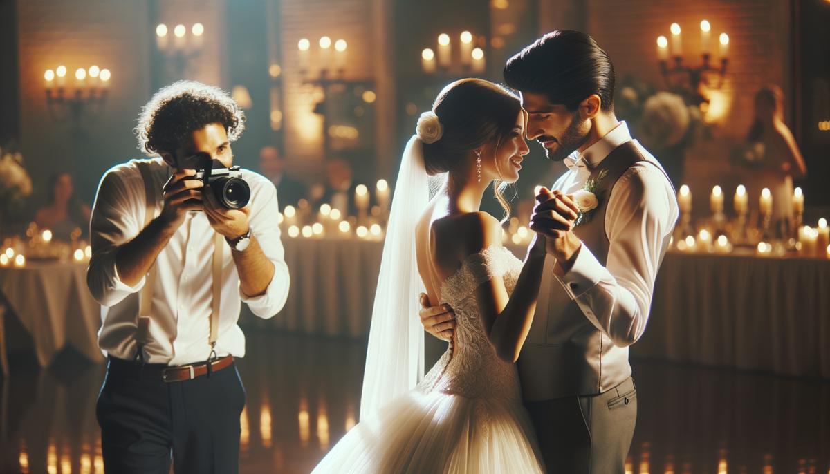 A professional photographer capturing a bride and groom's first dance at their wedding reception, with beautiful lighting and candid emotions.