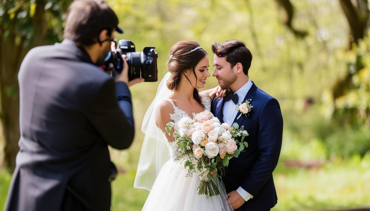 A wedding photographer adjusting camera settings while a bride and groom pose together at their wedding venue.