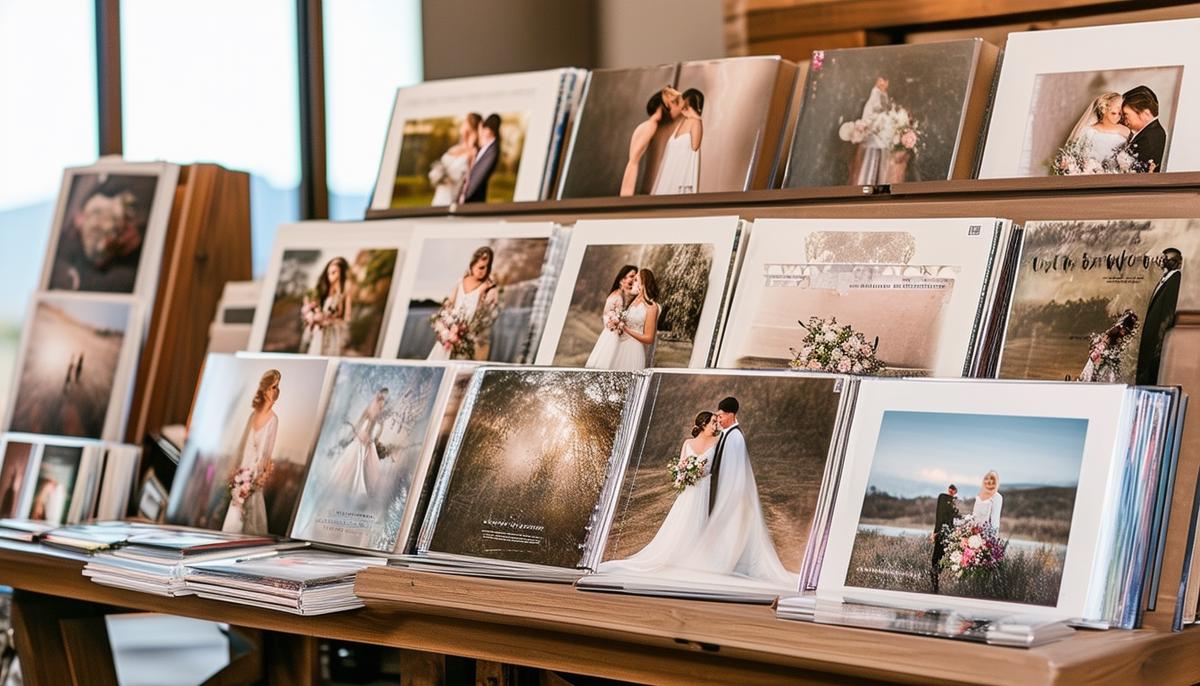 A creative display of wedding photography packages and sample albums in an Albuquerque studio