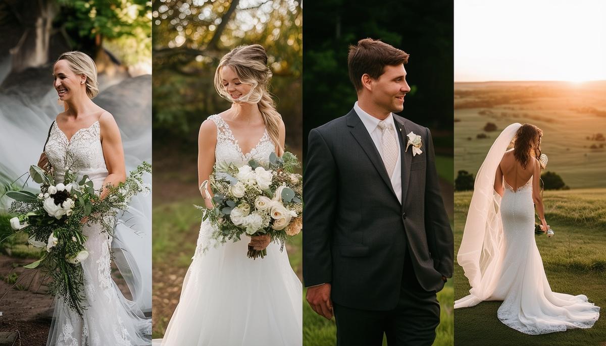 Four distinct wedding photos showcasing different photography styles: candid, documentary, portrait, and fine art