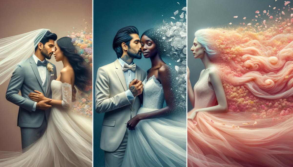 A triptych showing three different wedding photography styles: photojournalistic, traditional, and artistic
