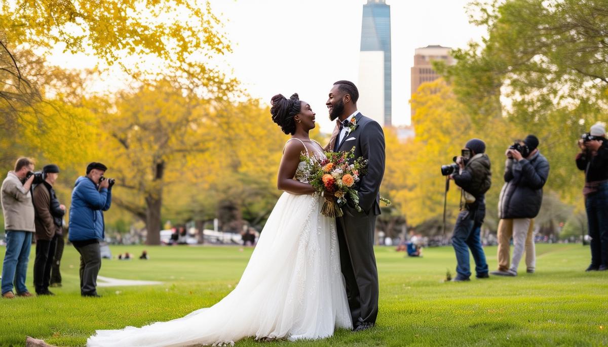 A diverse couple posing for their wedding photos in a beautiful Minneapolis park, with photographers capturing the moment