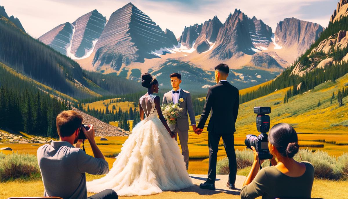 A wedding couple being photographed in a stunning Rocky Mountain National Park setting