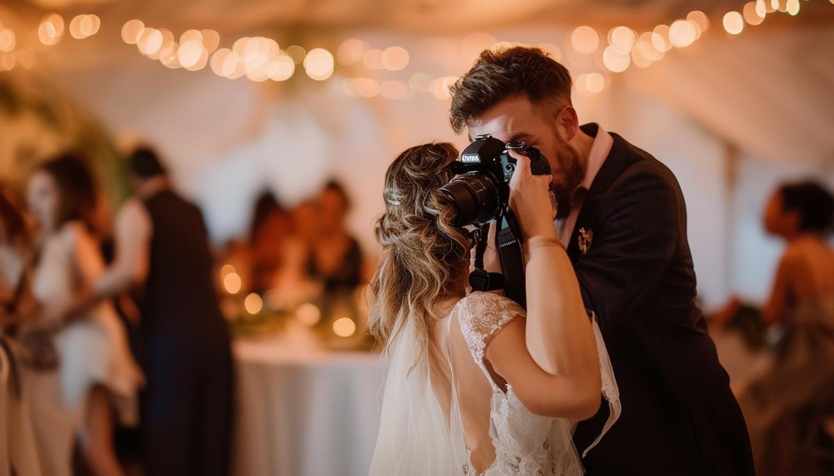 A photographer capturing candid moments at a lively wedding reception