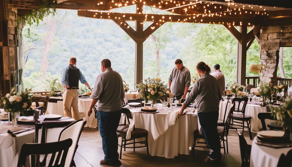 A team setting up a wedding venue in Eureka Springs, arranging tables, chairs, and decorations