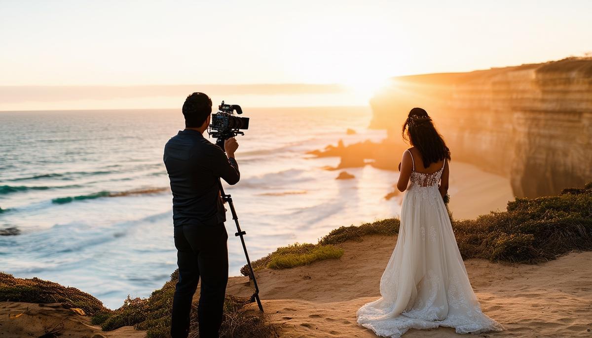 A videographer filming a diverse couple's wedding at Sunset Cliffs Natural Park in San Diego, with the Pacific Ocean in the background
