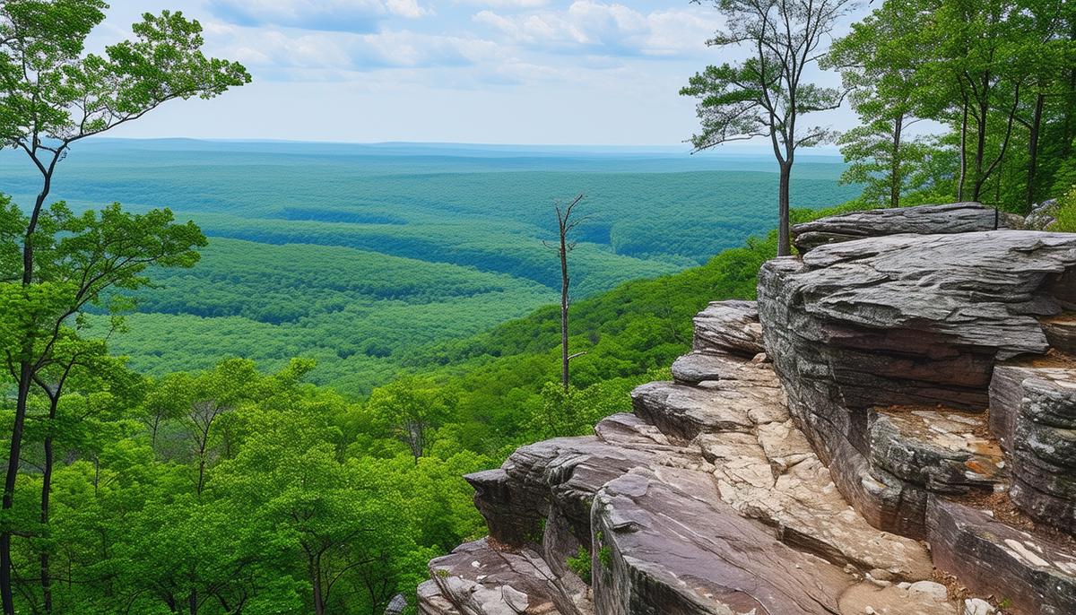A scenic view of the Whitaker Point Trail, showcasing rock formations, open vistas, and diverse wildlife in the lush Arkansas Ozark National Forest