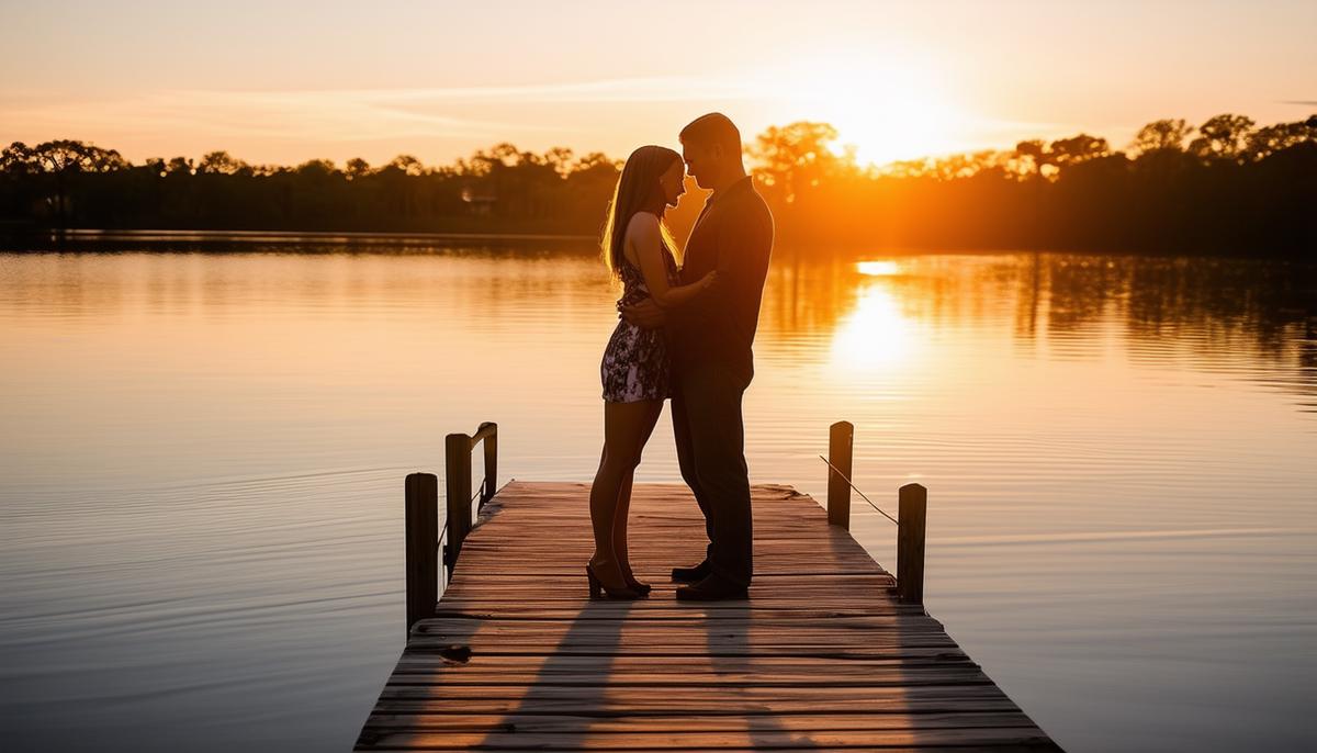 A couple posing for an engagement photo on a dock at White Rock Lake during sunset