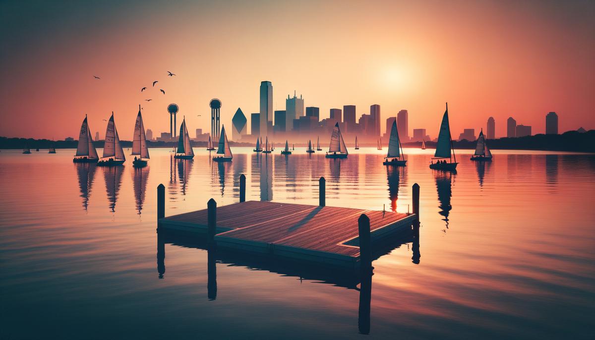 Peaceful sunset view of White Rock Lake with sailboats and the Dallas skyline in the distance
