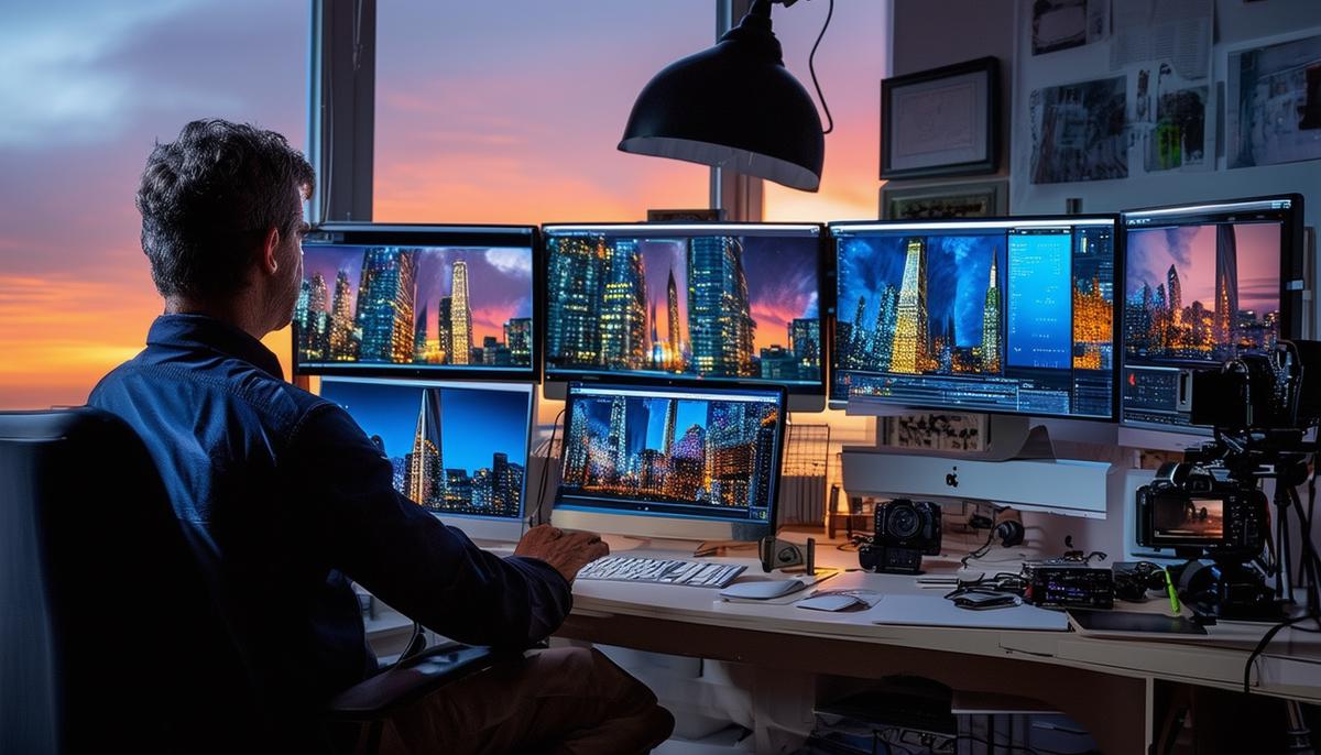 Stephen Wilkes working on his Day to Night project, showing multiple camera setups and a computer displaying the blending process