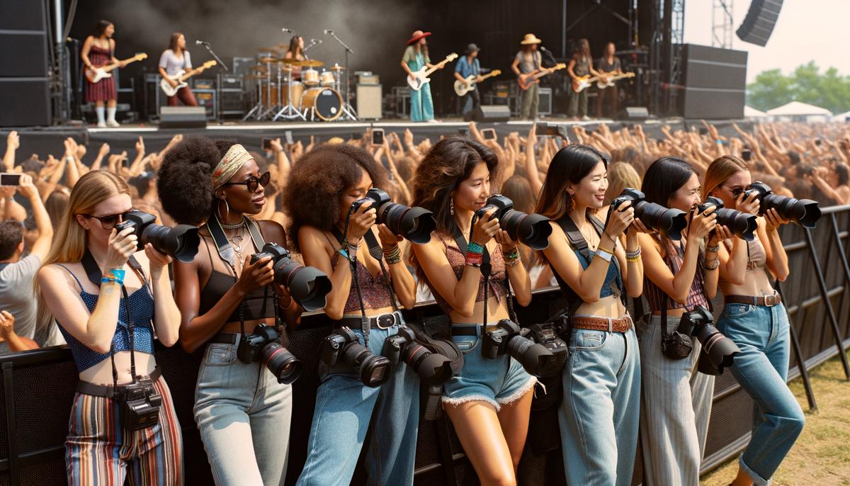 Group of diverse women photographers collaborating at a music festival
